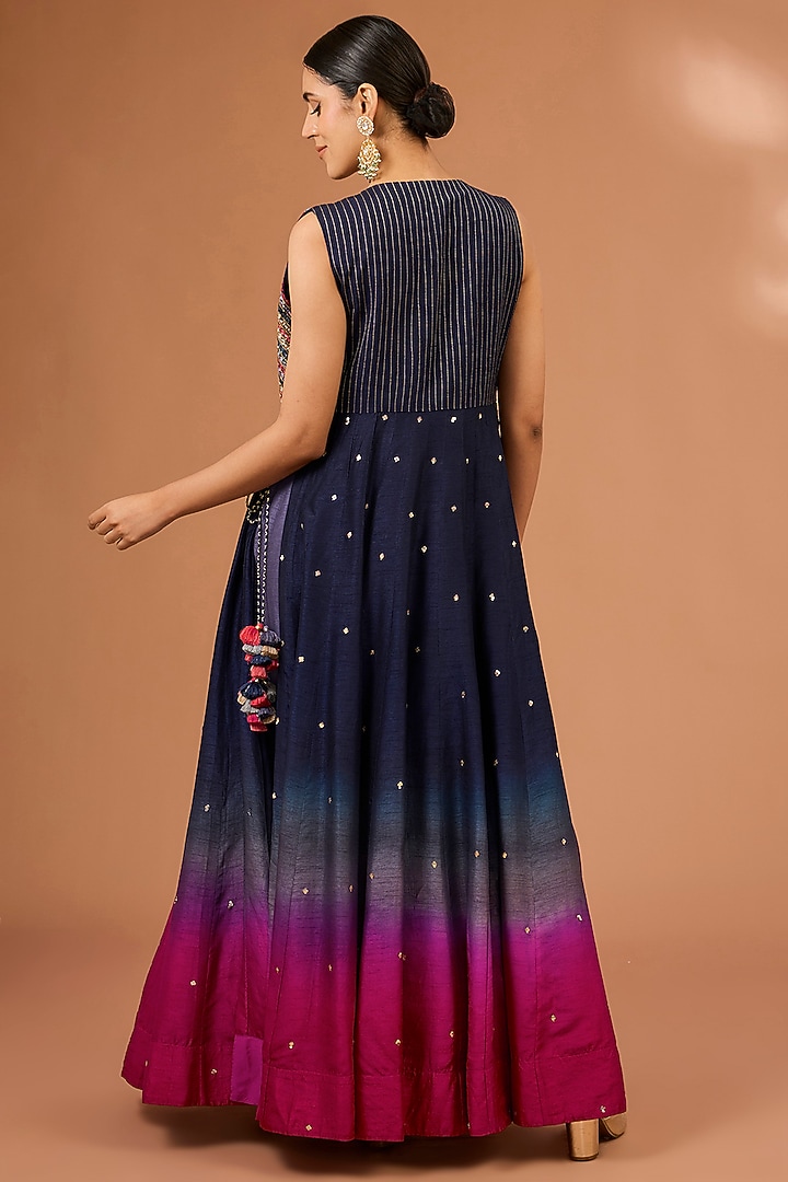 Blue Dupion Silk Mirror Hand Embroidered Wedding Anarkali Set by LOKA By Veerali Raveshia at Pernia's Pop Up Shop