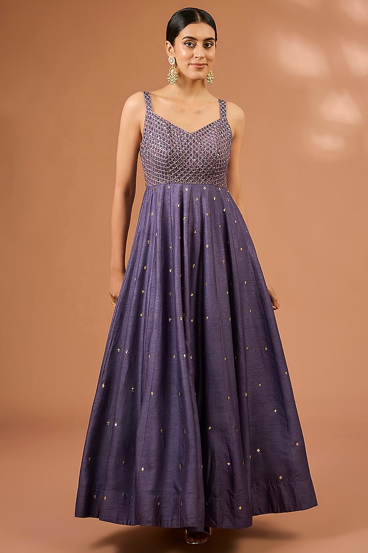 Blue Dupion Silk Mirror Hand Embroidered Wedding Anarkali Set by LOKA By Veerali Raveshia at Pernia's Pop Up Shop