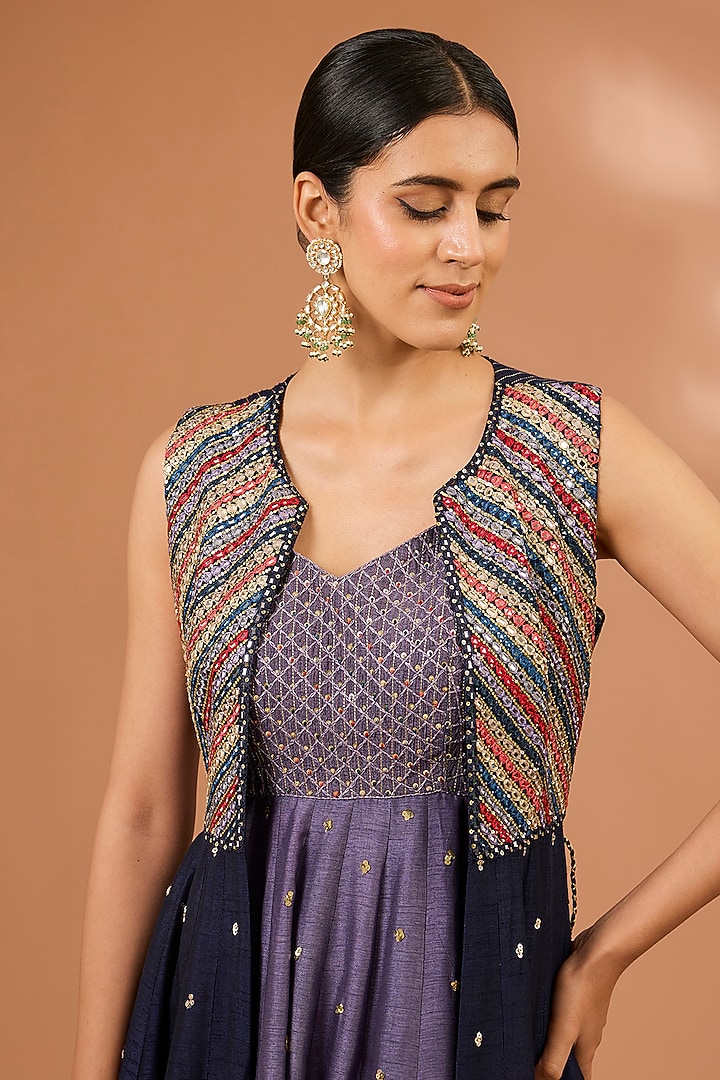 Blue Dupion Silk Mirror Hand Embroidered Wedding Anarkali Set by LOKA By Veerali Raveshia at Pernia's Pop Up Shop