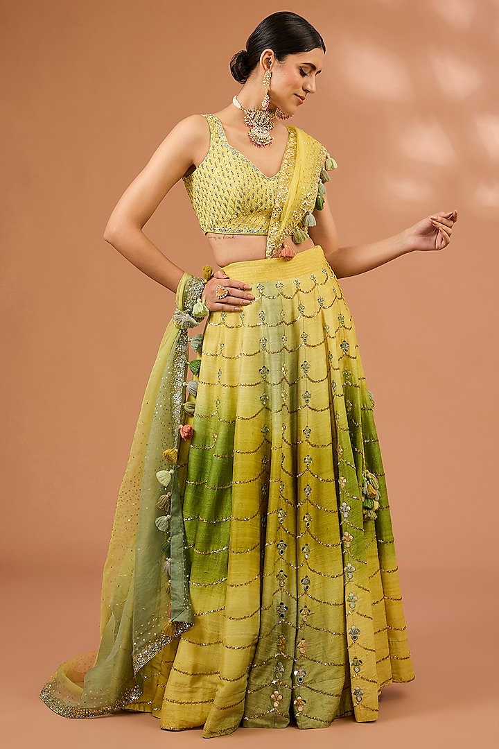 Lime Ombre Raw Silk Mirror Hand Embroidered Wedding Lehenga Set by LOKA By Veerali Raveshia at Pernia's Pop Up Shop