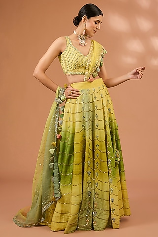 Lime Ombre Raw Silk Mirror Hand Embroidered Lehenga Set by LOKA By Veerali Raveshia