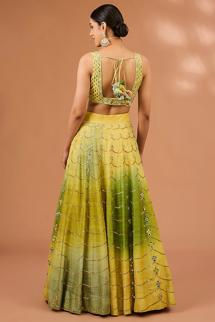 Lime Ombre Raw Silk Mirror Hand Embroidered Bridal Lehenga Set by LOKA By Veerali Raveshia at Pernia's Pop Up Shop