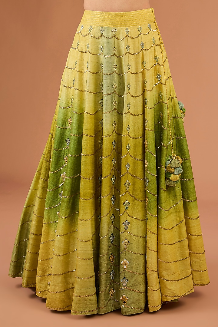 Lime Ombre Raw Silk Mirror Hand Embroidered Bridal Lehenga Set by LOKA By Veerali Raveshia at Pernia's Pop Up Shop