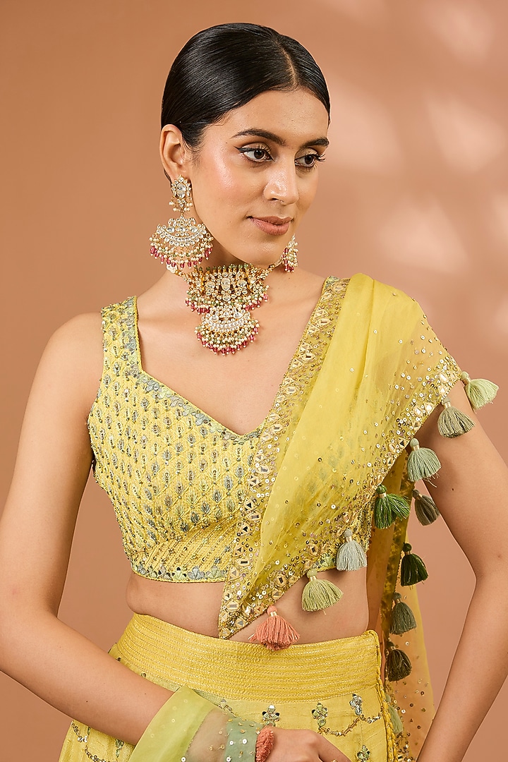 Lime Ombre Raw Silk Mirror Hand Embroidered Bridal Lehenga Set by LOKA By Veerali Raveshia at Pernia's Pop Up Shop