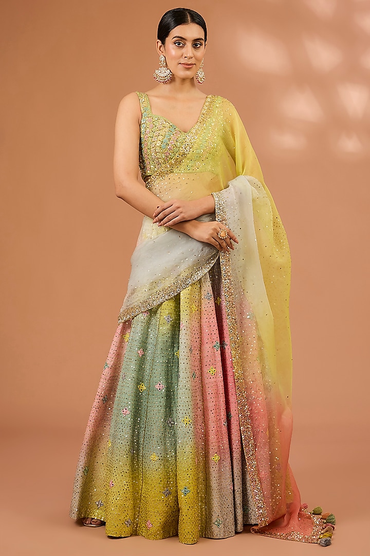 Multi-Colored Raw Silk Sequins Hand Embroidered Bridal Lehenga Set by LOKA By Veerali Raveshia at Pernia's Pop Up Shop