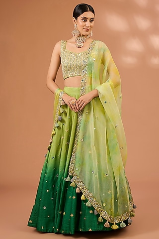 Green Ombre Dupion Silk Gota Patti Hand Embroidered Lehenga Set by LOKA By Veerali Raveshia