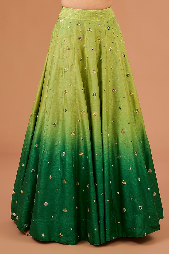 Green Ombre Dupion Silk Gota Patti Hand Embroidered Wedding Lehenga Set by LOKA By Veerali Raveshia at Pernia's Pop Up Shop