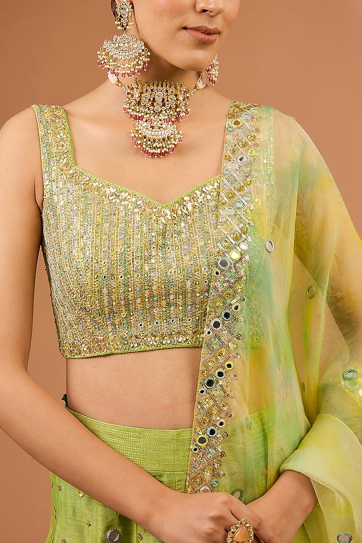Green Ombre Dupion Silk Gota Patti Hand Embroidered Wedding Lehenga Set by LOKA By Veerali Raveshia at Pernia's Pop Up Shop