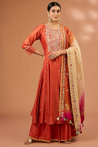 Rust Orange Chanderi Silk Sequin Hand Embroidered Kalidar Kurta Set by LOKA By Veerali Raveshia