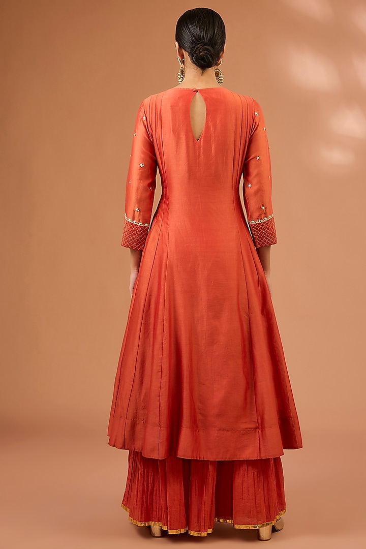 Rust Orange Chanderi Silk Sequin Hand Embroidered Kalidar Kurta Set by LOKA By Veerali Raveshia at Pernia's Pop Up Shop