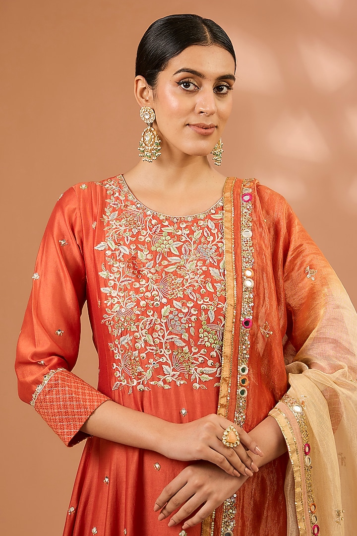 Rust Orange Chanderi Silk Sequin Hand Embroidered Kalidar Kurta Set by LOKA By Veerali Raveshia at Pernia's Pop Up Shop
