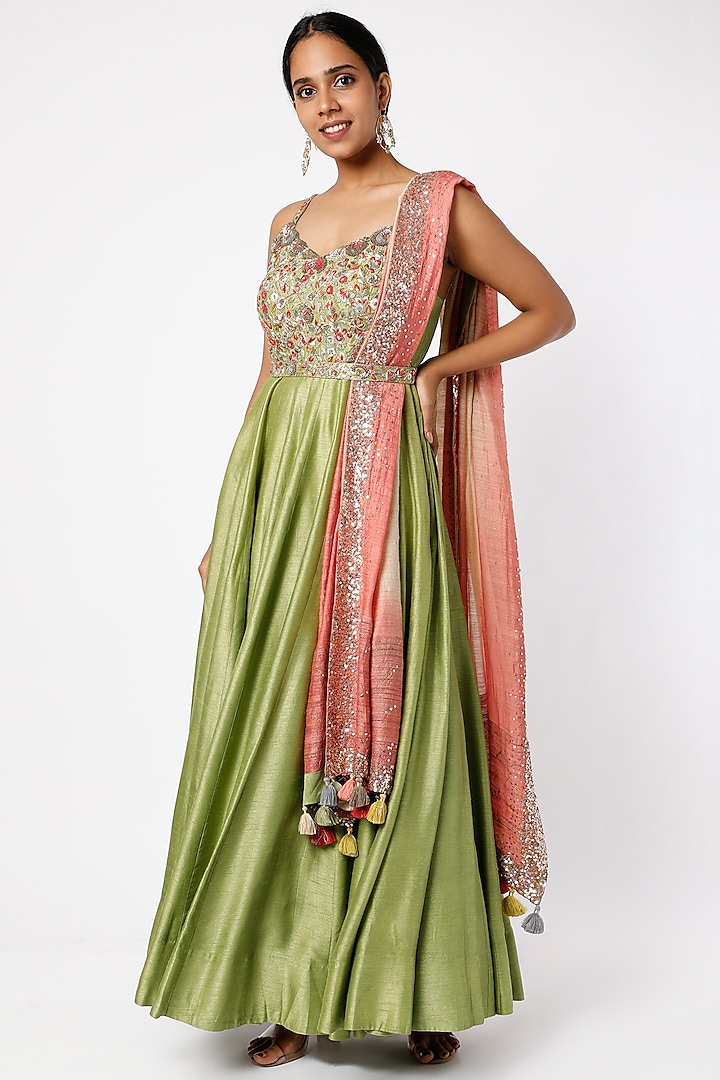 Pista Green Hand Embroidered Anarkali Set by LOKA By Veerali Raveshia