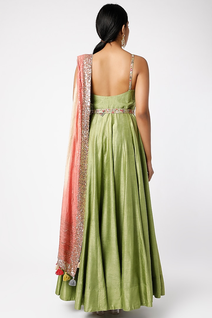 Pista Green Hand Embroidered Wedding Anarkali Set by LOKA By Veerali Raveshia at Pernia's Pop Up Shop