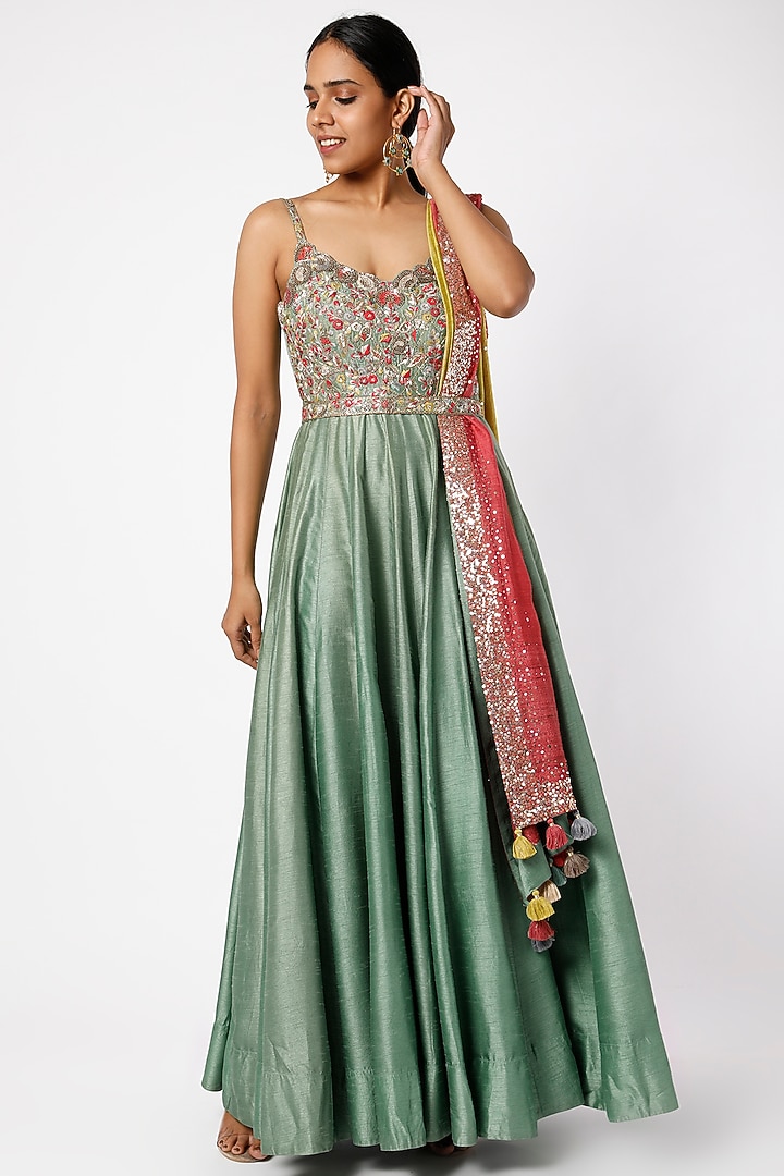 Teal Green Hand Embroidered Wedding Anarkali Set by LOKA By Veerali Raveshia at Pernia's Pop Up Shop