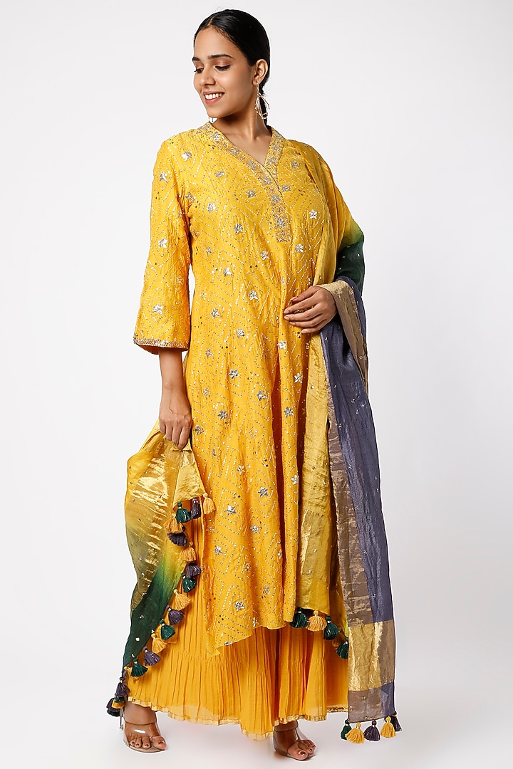 Mango Crushed Cotton Mulmul Wedding Sharara Set by LOKA By Veerali Raveshia at Pernia's Pop Up Shop