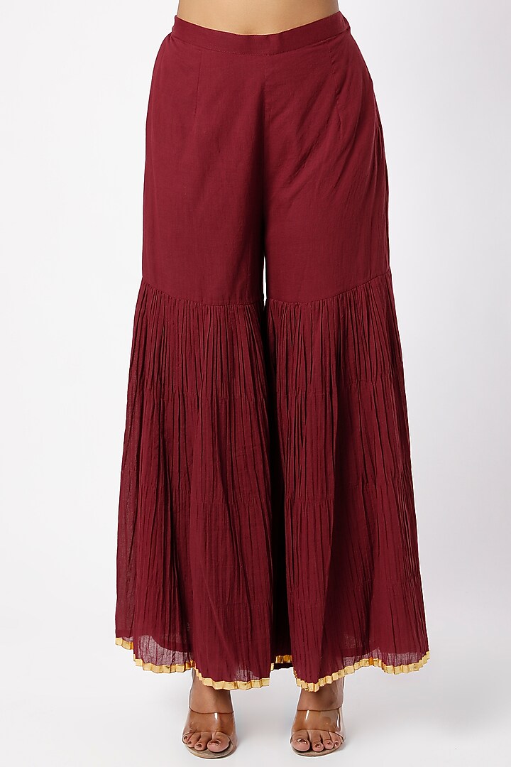 Maroon Crushed Cotton Mulmul Wedding Sharara Set by LOKA By Veerali Raveshia at Pernia's Pop Up Shop