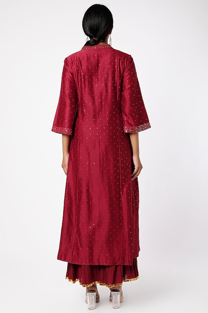 Maroon Chanderi Silk & Tussar Silk Wedding Sharara Set by LOKA By Veerali Raveshia at Pernia's Pop Up Shop