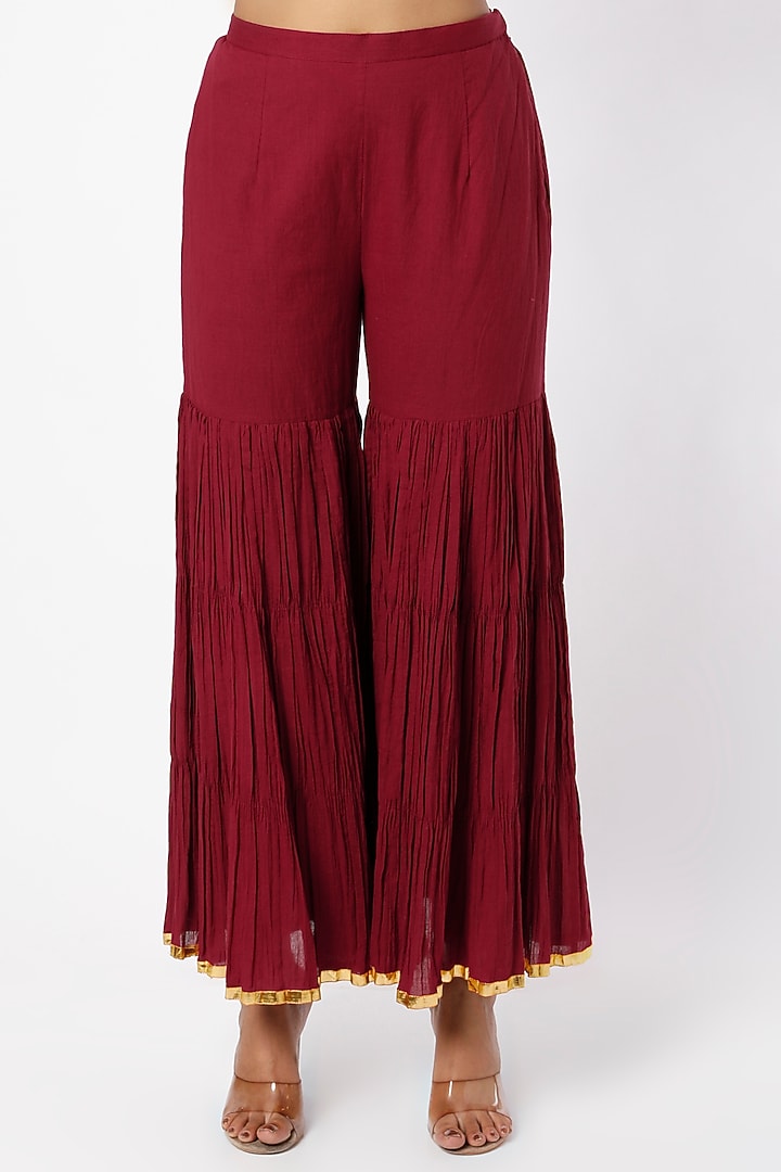 Maroon Chanderi Silk & Tussar Silk Wedding Sharara Set by LOKA By Veerali Raveshia at Pernia's Pop Up Shop