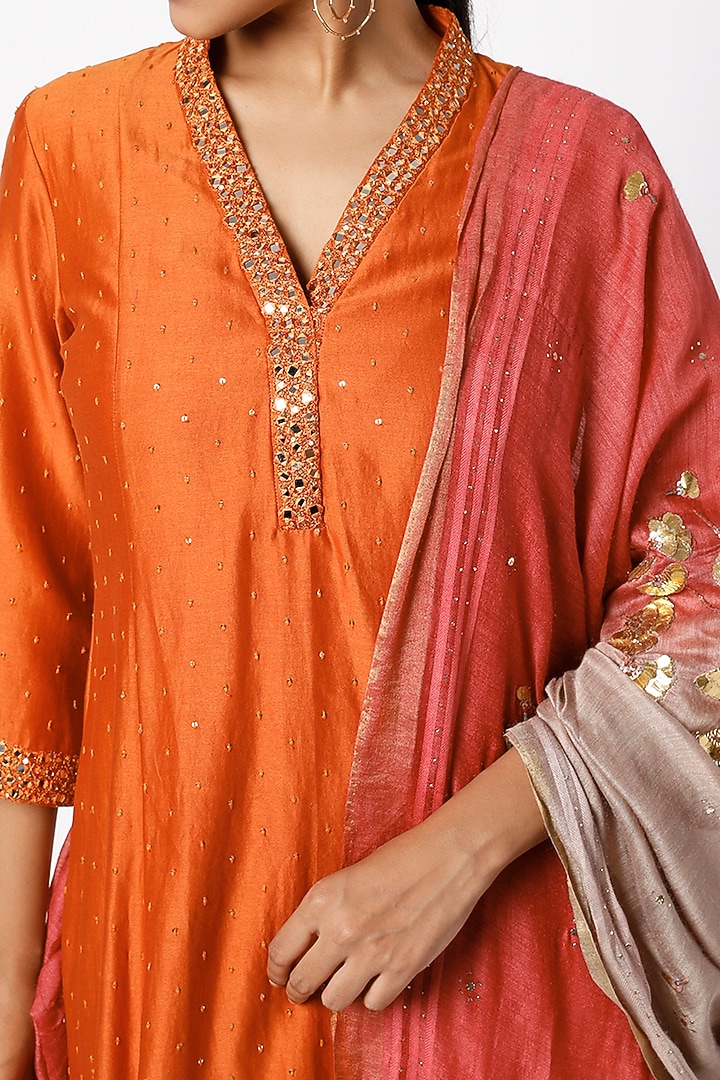 Bright Orange Embroidered A-Line Kurta Set by LOKA By Veerali Raveshia at Pernia's Pop Up Shop