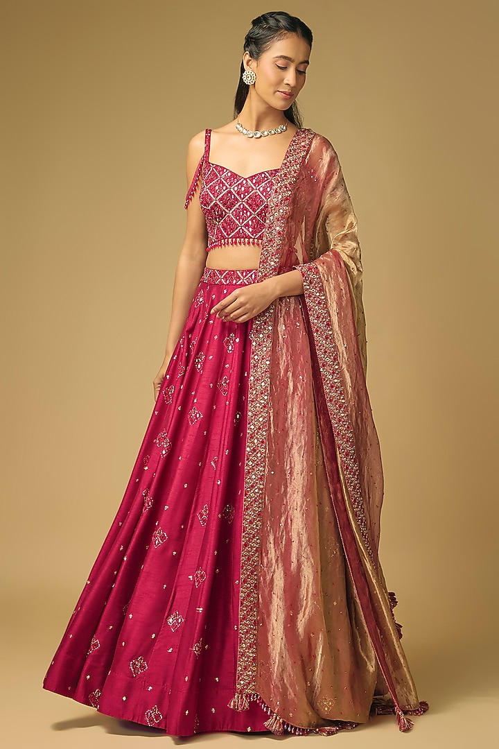 Ruby Red Dupion Silk Hand Embroidered Wedding Lehenga set by LOKA By Veerali Raveshia at Pernia's Pop Up Shop