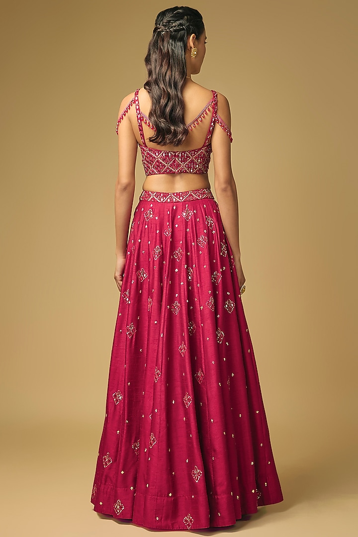 Ruby Red Dupion Silk Hand Embroidered Wedding Lehenga set by LOKA By Veerali Raveshia at Pernia's Pop Up Shop