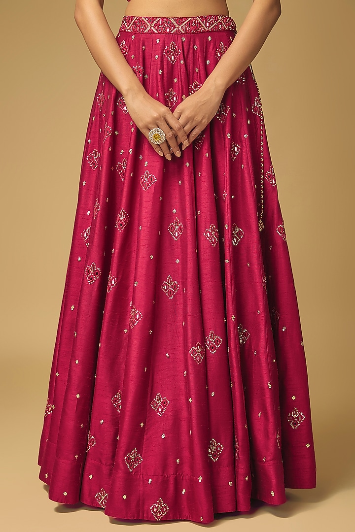 Ruby Red Dupion Silk Hand Embroidered Wedding Lehenga set by LOKA By Veerali Raveshia at Pernia's Pop Up Shop