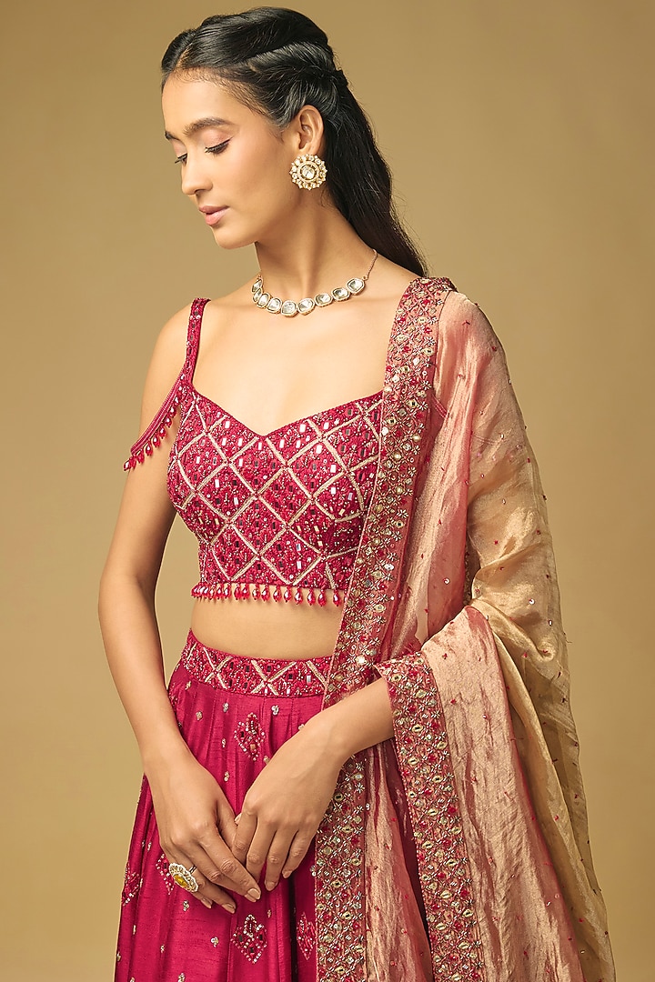 Ruby Red Dupion Silk Hand Embroidered Wedding Lehenga set by LOKA By Veerali Raveshia at Pernia's Pop Up Shop