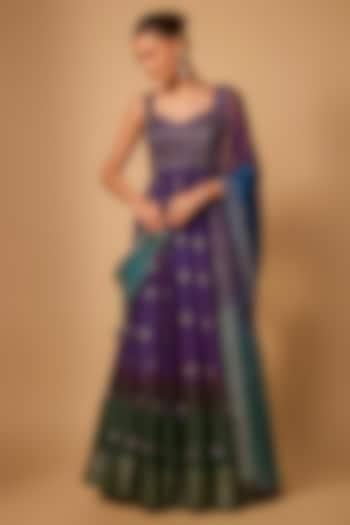 Purple Ombre Dupion Silk Mirror Hand Embroidered Bridal Anarkali Set by LOKA By Veerali Raveshia at Pernia's Pop Up Shop