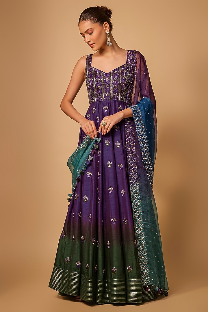 Purple Ombre Dupion Silk Mirror Hand Embroidered Bridal Anarkali Set by LOKA By Veerali Raveshia at Pernia's Pop Up Shop