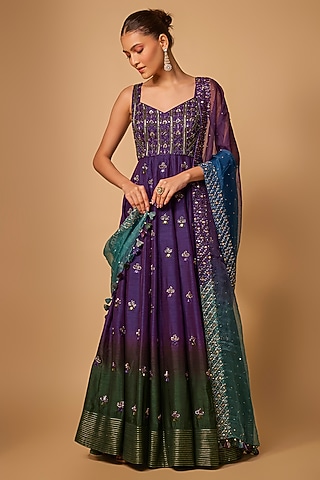 Purple Ombre Dupion Silk Mirror Hand Embroidered Anarkali Set by LOKA By Veerali Raveshia