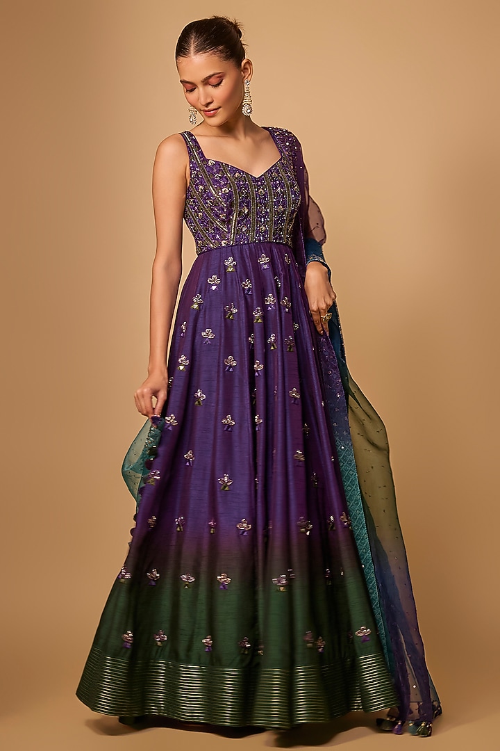Purple Ombre Dupion Silk Mirror Hand Embroidered Bridal Anarkali Set by LOKA By Veerali Raveshia at Pernia's Pop Up Shop
