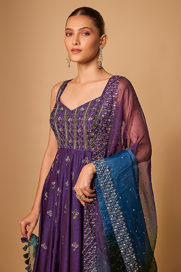 Purple Ombre Dupion Silk Mirror Hand Embroidered Bridal Anarkali Set by LOKA By Veerali Raveshia at Pernia's Pop Up Shop