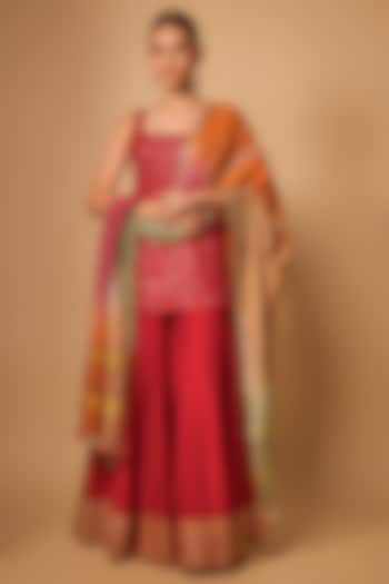 Ruby Red Kora Chanderi Hand Embroidered Wedding Sharara Set by LOKA By Veerali Raveshia at Pernia's Pop Up Shop