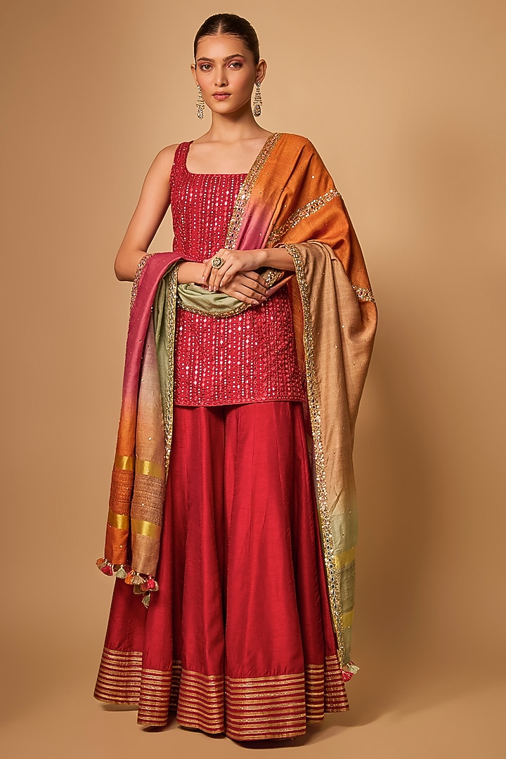 Ruby Red Kora Chanderi Hand Embroidered Wedding Sharara Set by LOKA By Veerali Raveshia at Pernia's Pop Up Shop