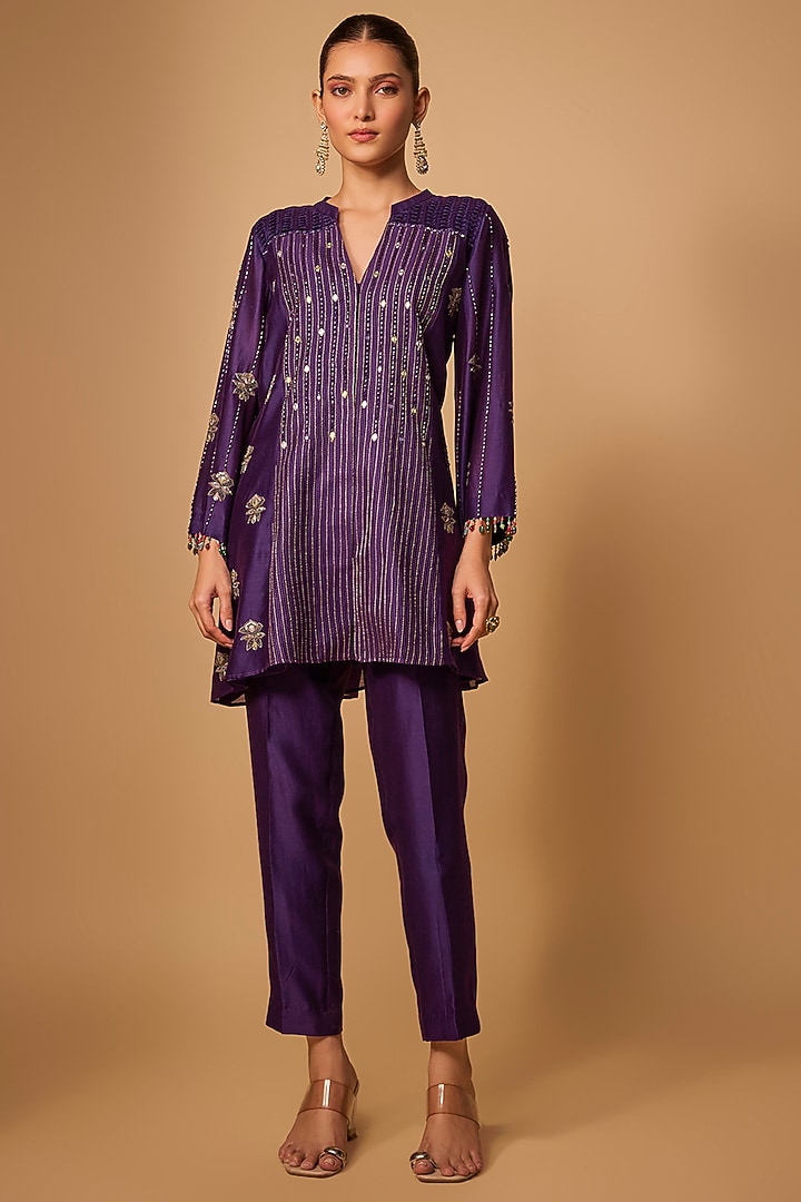 Purple Chanderi Silk Bead Hand Embroidered Kurta Set by LOKA By Veerali Raveshia at Pernia's Pop Up Shop