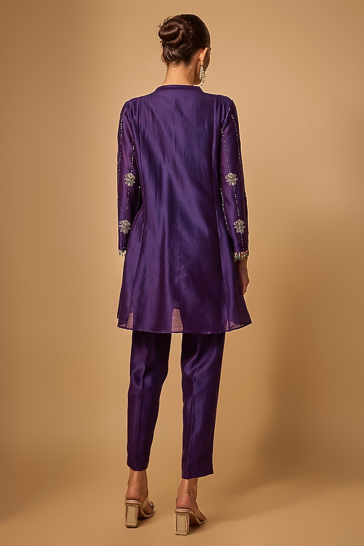 Purple Chanderi Silk Bead Hand Embroidered Kurta Set by LOKA By Veerali Raveshia at Pernia's Pop Up Shop