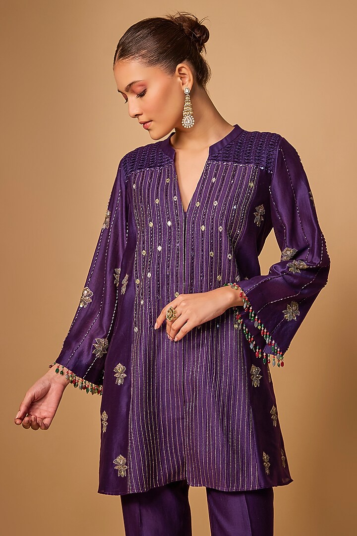 Purple Chanderi Silk Bead Hand Embroidered Kurta Set by LOKA By Veerali Raveshia at Pernia's Pop Up Shop