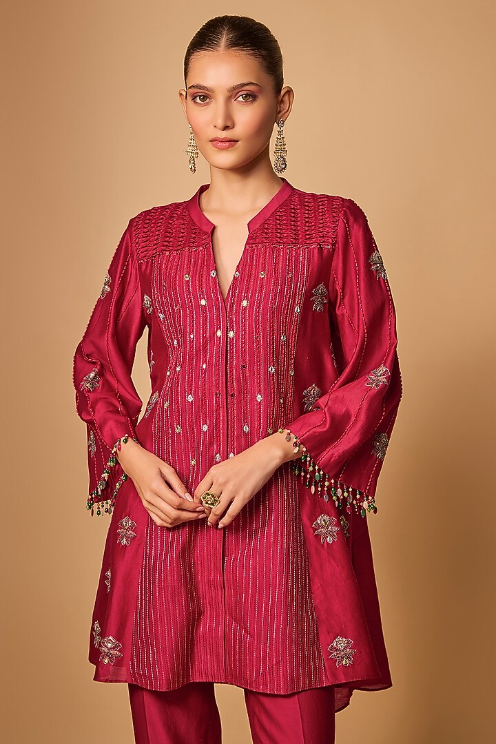 Red Chanderi Silk Bead Hand Embroidered Kurta Set by LOKA By Veerali Raveshia at Pernia's Pop Up Shop