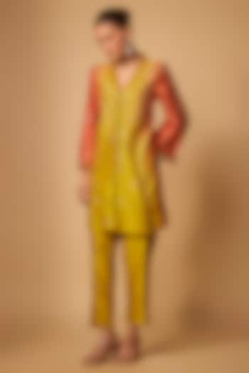 Yellow Ombre Chanderi Silk Bead Hand Embroidered Kurta Set by LOKA By Veerali Raveshia at Pernia's Pop Up Shop