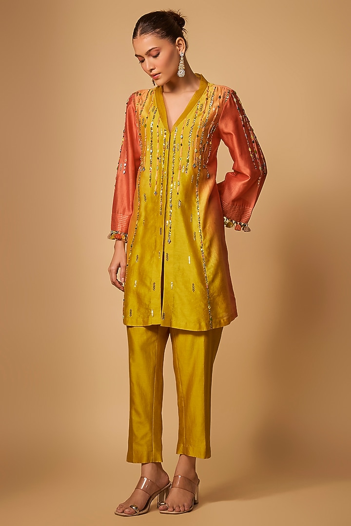 Yellow Ombre Chanderi Silk Bead Hand Embroidered Kurta Set by LOKA By Veerali Raveshia at Pernia's Pop Up Shop