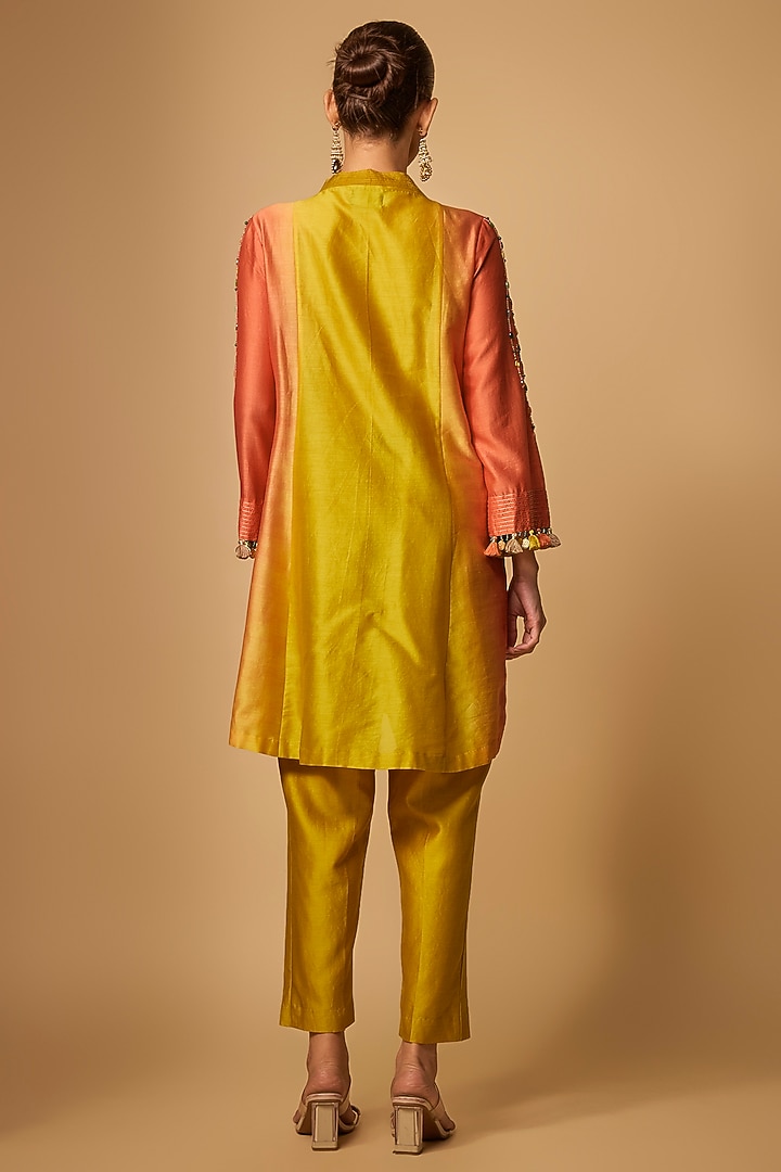 Yellow Ombre Chanderi Silk Bead Hand Embroidered Kurta Set by LOKA By Veerali Raveshia at Pernia's Pop Up Shop