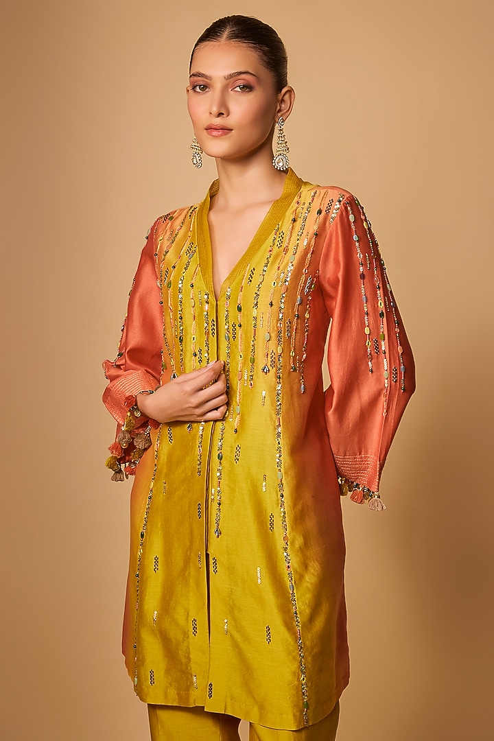 Yellow Ombre Chanderi Silk Bead Hand Embroidered Kurta Set by LOKA By Veerali Raveshia at Pernia's Pop Up Shop