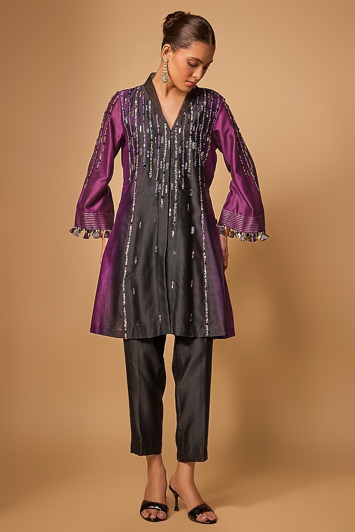 Purple Ombre Chanderi Silk Bead Hand Embroidered Kurta Set by LOKA By Veerali Raveshia at Pernia's Pop Up Shop