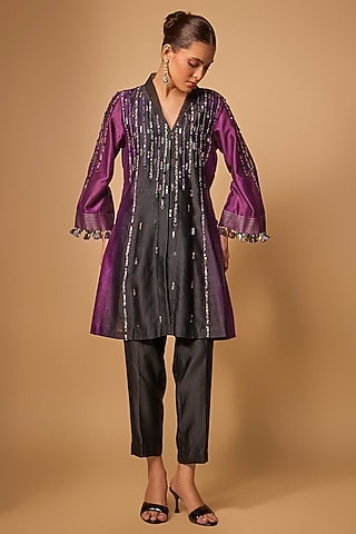 Purple Ombre Chanderi Silk Bead Hand Embroidered Kurta Set by LOKA By Veerali Raveshia