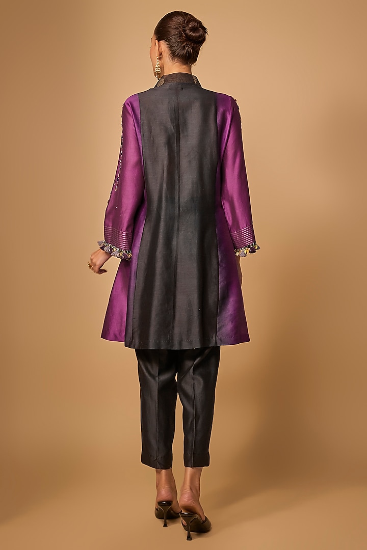 Purple Ombre Chanderi Silk Bead Hand Embroidered Kurta Set by LOKA By Veerali Raveshia at Pernia's Pop Up Shop