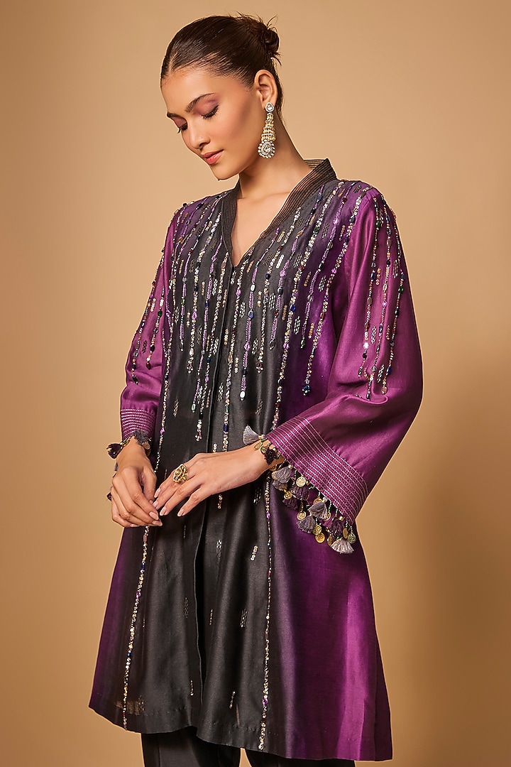 Purple Ombre Chanderi Silk Bead Hand Embroidered Kurta Set by LOKA By Veerali Raveshia at Pernia's Pop Up Shop