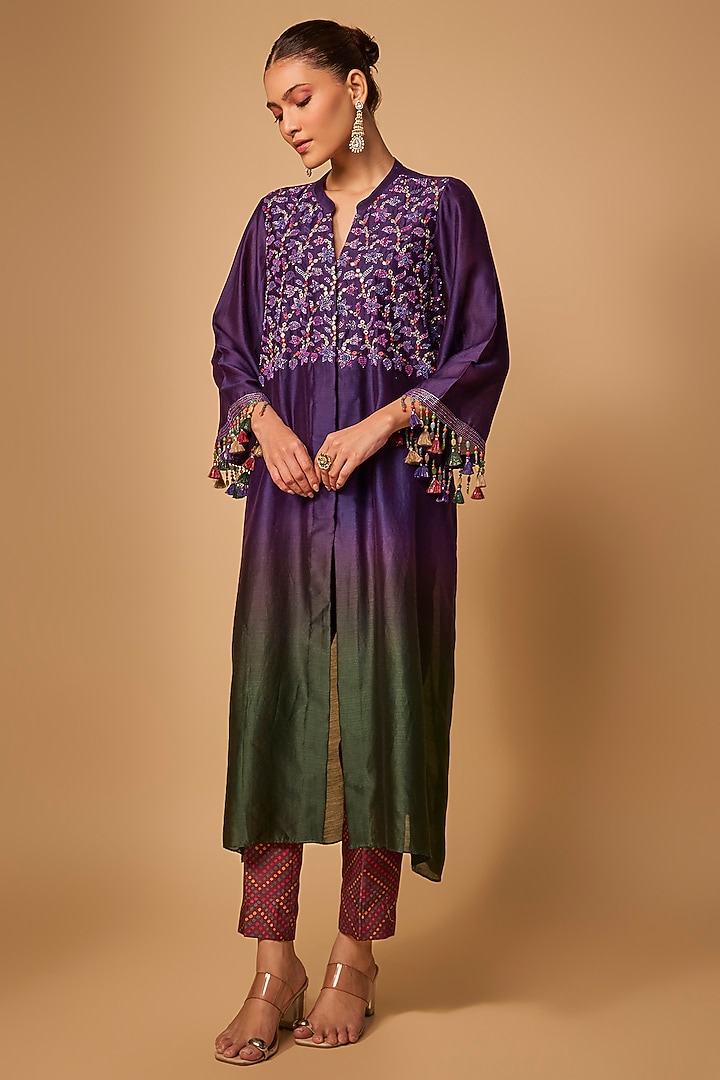 Purple & Green Chanderi Silk Cutdana Hand Embroidered Kurta Set by LOKA By Veerali Raveshia at Pernia's Pop Up Shop