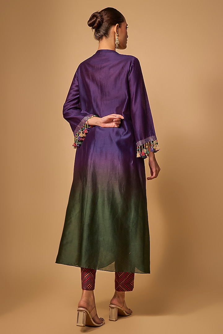 Purple & Green Chanderi Silk Cutdana Hand Embroidered Kurta Set by LOKA By Veerali Raveshia at Pernia's Pop Up Shop