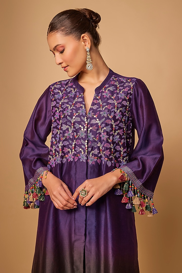 Purple & Green Chanderi Silk Cutdana Hand Embroidered Kurta Set by LOKA By Veerali Raveshia at Pernia's Pop Up Shop