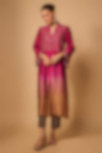 Red & Beige Chanderi Silk Cutdana Hand Embroidered Kurta Set by LOKA By Veerali Raveshia at Pernia's Pop Up Shop